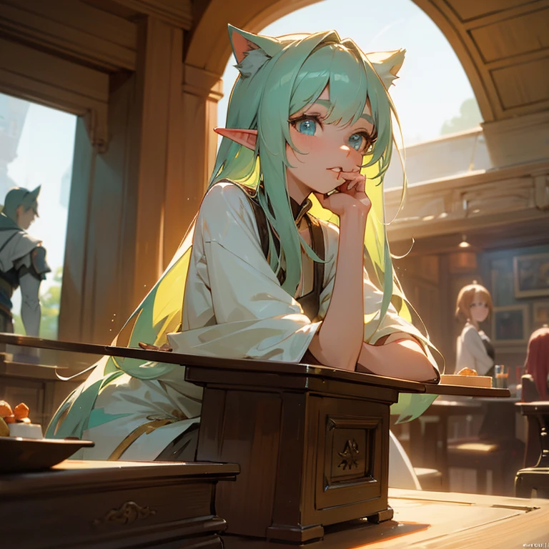 A group of anime characters, various anthropomorphic animals, including catgirls, elves, and robots, are sitting around a table，Enjoying food and drinks，The atmosphere is lively and lively。The roles have（Beautiful and delicate eyes，Beautiful and delicate lips，Extremely detailed eyes and face，Long eyelashes）。They are depicted in popular anime style，Set in an otherworldly environment with fantasy elements。The scene resembles a still from the TV anime series，Captures moments of everyday life in the world of animation。 This work of art has（high quality：1.2、4k resolution、lifelike），Featuring ultra-detailed visuals，Exhibits complex design of characters and environments。Lighting is carefully designed，Bright colors，Focus is clear，Create a studio-like atmosphere。Rich scene textures，showing traditional illustrations、oil painting、3D Rendering、The use of various materials such as photography technology。 There are all kinds of delicious food around the characters（anime themed food：1.1、Mouthwatering desserts、unique drinks），Create an active atmosphere。The food is intricately detailed，Demonstrates the artist&#39;s attention to detail in creating appetizing and visually appealing dishes。The scene is reminiscent of a festive gathering，Highlight the joy of sharing food and companionship。 The composition and framing of the artwork captures the essence of the anime genre，Emphasis is on character interaction and dynamic poses。Each character&#39;s personality comes through in their expressions、poses and clothing show，Adds depth and complexity to scenes。the background depicts an otherworldly environmen elements are inspired by fantasy and adventure。 （concept art：1.1、landscape、portrait）The use of technology adds depth and dimension to the overall artwork。 