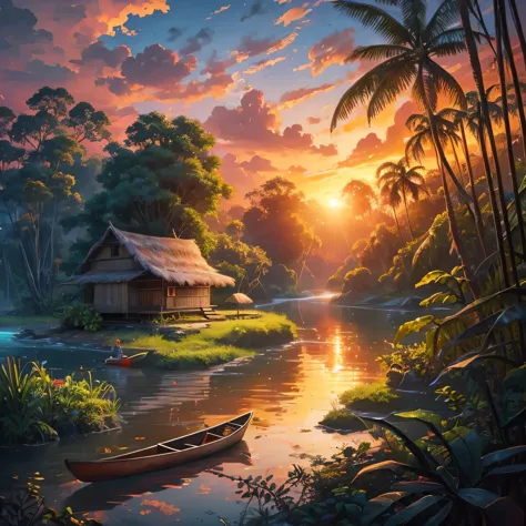 realistic amazonian scene: a river with a fisherman in a canoe, flourishing vegetation, animals, and birds near a simple wooden ...