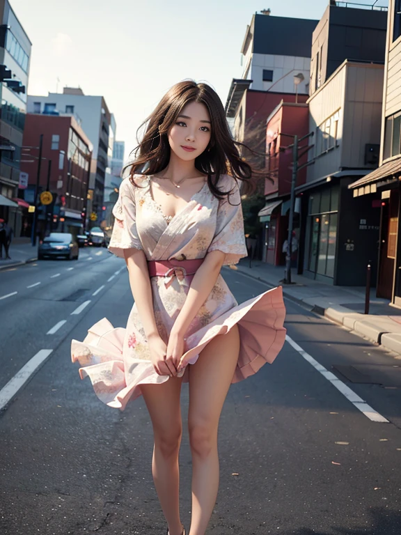 (Best quality, 8k, 32k, Masterpiece, UHD:1.2),Photo of Pretty Japanese woman,(sad smile,blush:1.1),looking at viewer,(beautiful detailed dress skirt:1.2),detailed legs,(spread legs:0.9),(lace panties:0.9),(wind lift:1.6), full body,windy,city,outdoors