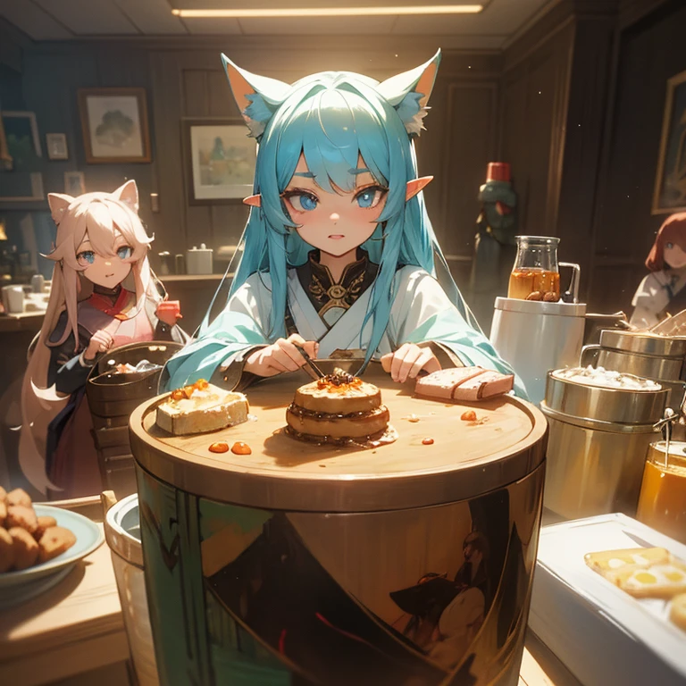 A group of anime characters, various anthropomorphic animals, including catgirls, elves, and robots, sit around a table，Enjoying food and drinks，The atmosphere is lively and lively。The roles have（Beautiful and delicate eyes，Beautiful and delicate lips，Extremely detailed eyes and face，Long eyelashes）。They are depicted in popular anime style，Set in an otherworldly environment with fantasy elements。The scene resembles a still from the TV anime series，Captures moments of everyday life in the world of animation。 This work of art has（high quality：1.2、4k resolution、lifelike），Featuring ultra-detailed visuals，Exhibits complex design of characters and environments。Lighting is carefully designed，Bright colors，Focus is clear，Create a studio-like atmosphere。Rich scene textures，showing traditional illustrations、oil painting、3D Rendering、The use of various materials such as photography technology。 There are all kinds of delicious food around the characters（anime themed food：1.1、Mouthwatering desserts、unique drinks），Create an active atmosphere。The food is intricately detailed，Demonstrates the artist&#39;s attention to detail in creating appetizing and visually appealing dishes。The scene is reminiscent of a festive gathering，Highlight the joy of sharing food and companionship。 The composition and framing of the artwork captures the essence of the anime genre，Emphasis is on character interaction and dynamic poses。Each character&#39;s personality comes through in their expressions、poses and clothing show，Adds depth and complexity to scenes。the background depicts an otherworldly environmen elements are inspired by fantasy and adventure。 （concept art：1.1、landscape、portrait）The use of technology adds depth and dimension to the overall artwork。 