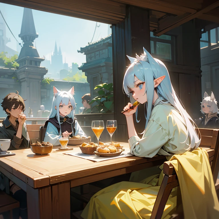 A group of anime characters, various anthropomorphic animals, including catgirls, elves, and robots, sit around a table，Enjoying food and drinks，The atmosphere is lively and lively。The roles have（Beautiful and delicate eyes，Beautiful and delicate lips，Extremely detailed eyes and face，Long eyelashes）。They are depicted in popular anime style，Set in an otherworldly environment with fantasy elements。The scene resembles a still from the TV anime series，Captures moments of everyday life in the world of animation。 This work of art has（high quality：1.2、4k resolution、lifelike），Featuring ultra-detailed visuals，Exhibits complex design of characters and environments。Lighting is carefully designed，Bright colors，Focus is clear，Create a studio-like atmosphere。Rich scene textures，showing traditional illustrations、oil painting、3D Rendering、The use of various materials such as photography technology。 There are all kinds of delicious food around the characters（anime themed food：1.1、Mouthwatering desserts、unique drinks），Create an active atmosphere。The food is intricately detailed，Demonstrates the artist&#39;s attention to detail in creating appetizing and visually appealing dishes。The scene is reminiscent of a festive gathering，Highlight the joy of sharing food and companionship。 The composition and framing of the artwork captures the essence of the anime genre，Emphasis is on character interaction and dynamic poses。Each character&#39;s personality comes through in their expressions、poses and clothing show，Adds depth and complexity to scenes。the background depicts an otherworldly environmen elements are inspired by fantasy and adventure。 （concept art：1.1、landscape、portrait）The use of technology adds depth and dimension to the overall artwork。 