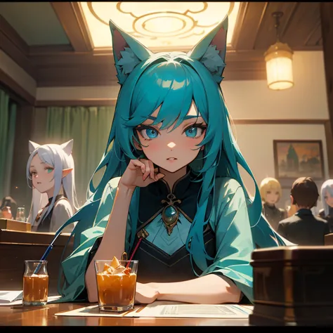 A group of anime characters, various anthropomorphic animals, including catgirls, elves, and robots, sit around a table，Enjoying...