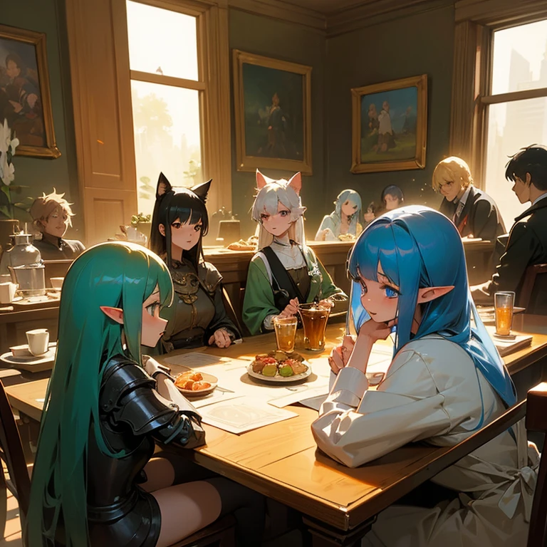 A group of anime characters, various anthropomorphic animals, including catgirls, elves, and armored ones, are sitting around a table.，Enjoying food and drinks，The atmosphere is lively and lively。The roles have（Beautiful and delicate eyes，Beautiful and delicate lips，Extremely detailed eyes and face，Long eyelashes）。They are depicted in popular anime style，Set in an otherworldly environment with fantasy elements。The scene resembles a still from the TV anime series，Captures moments of everyday life in the world of animation。 This work of art has（high quality：1.2、4k resolution、lifelike），Featuring ultra-detailed visuals，Exhibits complex design of characters and environments。Lighting is carefully designed，Bright colors，Focus is clear，Create a studio-like atmosphere。Rich scene textures，showing traditional illustrations、oil painting、3D Rendering、The use of various materials such as photography technology。 There are all kinds of delicious food around the characters（anime themed food：1.1、Mouthwatering desserts、unique drinks），Create an active atmosphere。The food is intricately detailed，Demonstrates the artist&#39;s attention to detail in creating appetizing and visually appealing dishes。The scene is reminiscent of a festive gathering，Highlight the joy of sharing food and companionship。 The composition and framing of the artwork captures the essence of the anime genre，Emphasis is on character interaction and dynamic poses。Each character&#39;s personality comes through in their expressions、poses and clothing show，Adds depth and complexity to scenes。the background depicts an otherworldly environmen elements are inspired by fantasy and adventure。 （concept art：1.1、landscape、portrait）The use of technology adds depth and dimension to the overall artwork。 