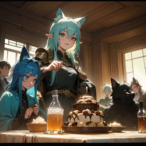 A group of anime characters, various anthropomorphic animals, including catgirls, elves, and armored ones, are sitting around a ...