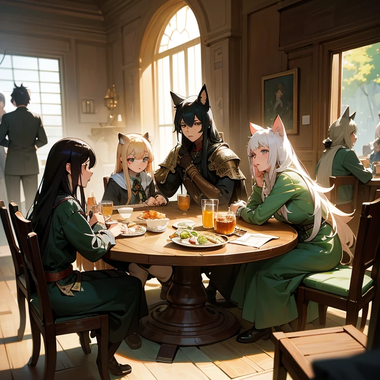 A group of anime characters, various anthropomorphic animals, including catgirls, elves, and armored ones, are sitting around a table.，Enjoying food and drinks，The atmosphere is lively and lively。The roles have（Beautiful and delicate eyes，Beautiful and delicate lips，Extremely detailed eyes and face，Long eyelashes）。They are depicted in popular anime style，Set in an otherworldly environment with fantasy elements。The scene resembles a still from the TV anime series，Captures moments of everyday life in the world of animation。 This work of art has（high quality：1.2、4k resolution、lifelike），Featuring ultra-detailed visuals，Exhibits complex design of characters and environments。Lighting is carefully designed，Bright colors，Focus is clear，Create a studio-like atmosphere。Rich scene textures，showing traditional illustrations、oil painting、3D Rendering、The use of various materials such as photography technology。 There are all kinds of delicious food around the characters（anime themed food：1.1、Mouthwatering desserts、unique drinks），Create an active atmosphere。The food is intricately detailed，Demonstrates the artist&#39;s attention to detail in creating appetizing and visually appealing dishes。The scene is reminiscent of a festive gathering，Highlight the joy of sharing food and companionship。 The composition and framing of the artwork captures the essence of the anime genre，Emphasis is on character interaction and dynamic poses。Each character&#39;s personality comes through in their expressions、poses and clothing show，Adds depth and complexity to scenes。the background depicts an otherworldly environmen elements are inspired by fantasy and adventure。 （concept art：1.1、landscape、portrait）The use of technology adds depth and dimension to the overall artwork。 