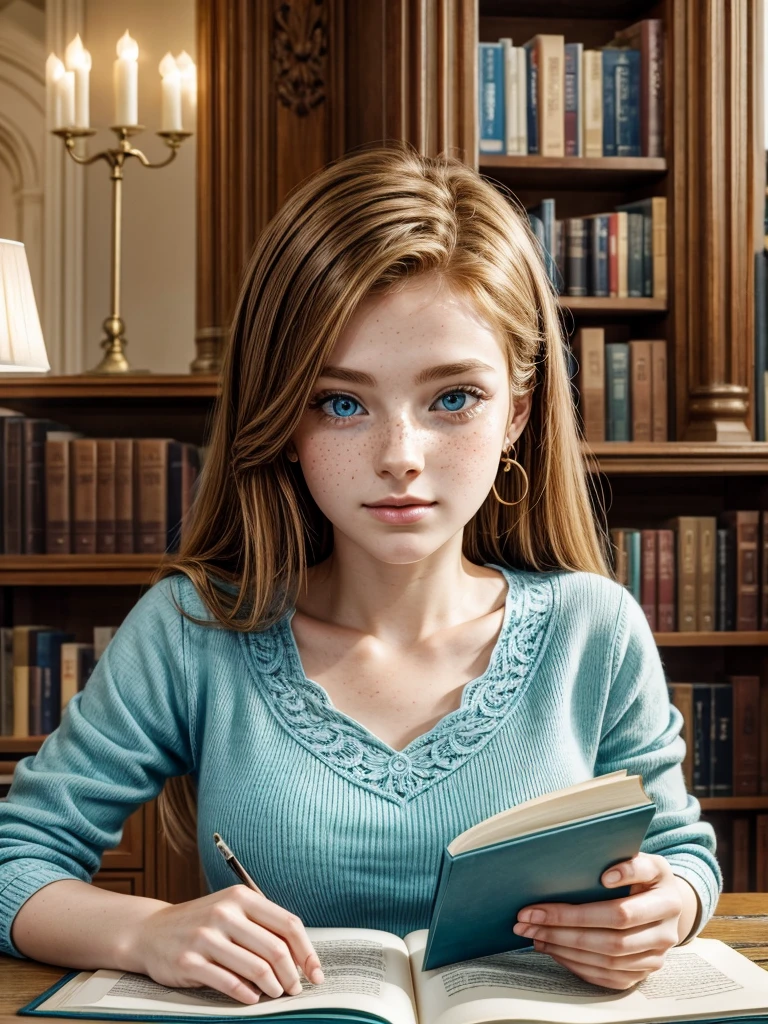 美麗舒適的白色圖書館閱覽室, 也是20歲的女大學生 [伊丽莎白二世:莫德·亚当斯:0.45] 薑黃色頭髮, 她美麗的臉上有美麗的雀斑, 正在閱讀科學書籍並獲得自發性的好主意, 她的眼睛向右看, 藍眼睛，綠色，穿著藍色上衣, 低調