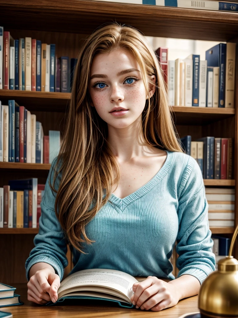美麗舒適的白色圖書館閱覽室, 也是20歲的女大學生 [伊丽莎白二世:莫德·亚当斯:0.45] 薑黃色頭髮, 她美麗的臉上有美麗的雀斑, 正在閱讀科學書籍並獲得自發性的好主意, 她的眼睛向右看, 藍眼睛，綠色，穿著藍色上衣, 低調