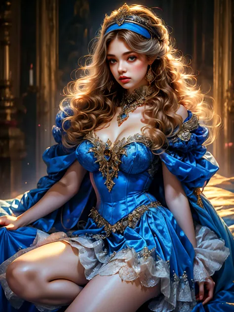 (medieval fantasy style female princess), whole body, wearing a headscarf, luxury crown, blue eyes, blond, 17 years old, (red an...