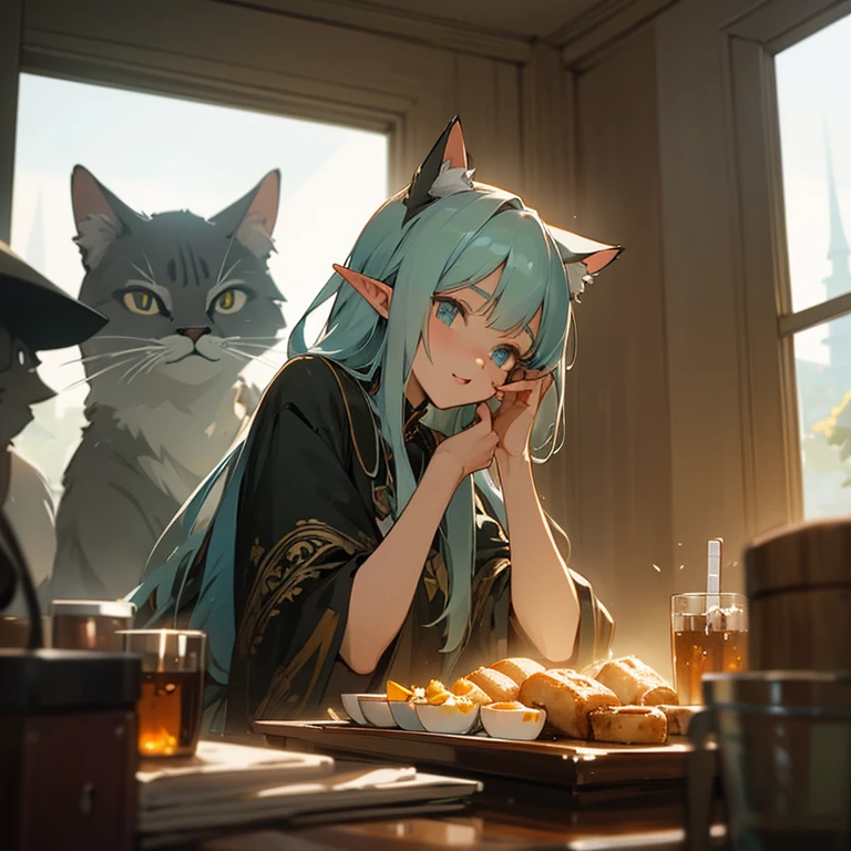 A group of anime characters, various anthropomorphic animals, including cat girls, elves, and mechas, were making trouble around the table.，Enjoying food and drinks，The atmosphere is lively and lively。The roles have（Beautiful and delicate eyes，Beautiful and delicate lips，Extremely detailed eyes and face，Long eyelashes）。They are depicted in popular anime style，Set in an otherworldly environment with fantasy elements。The scene resembles a still from the TV anime series，Captures moments of everyday life in the world of animation。 This work of art has（high quality：1.2、4k resolution、lifelike），Featuring ultra-detailed visuals，Exhibits complex design of characters and environments。Lighting is carefully designed，Bright colors，Focus is clear，Create a studio-like atmosphere。Rich scene textures，showing traditional illustrations、oil painting、3D Rendering、The use of various materials such as photography technology。 There are all kinds of delicious food around the characters（anime themed food：1.1、Mouthwatering desserts、unique drinks），Create an active atmosphere。The food is intricately detailed，Demonstrates the artist&#39;s attention to detail in creating appetizing and visually appealing dishes。The scene is reminiscent of a festive gathering，Highlight the joy of sharing food and companionship。 The composition and framing of the artwork captures the essence of the anime genre，Emphasis is on character interaction and dynamic poses。Each character&#39;s personality comes through in their expressions、poses and clothing show，Adds depth and complexity to scenes。the background depicts an otherworldly environmen elements are inspired by fantasy and adventure。 （concept art：1.1、landscape、portrait）The use of technology adds depth and dimension to the overall artwork。 