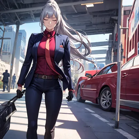 a woman wearing a black suit, with a red tie, black pants, eyes closed, long silver hair, ponytail hair, walking in a modern off...