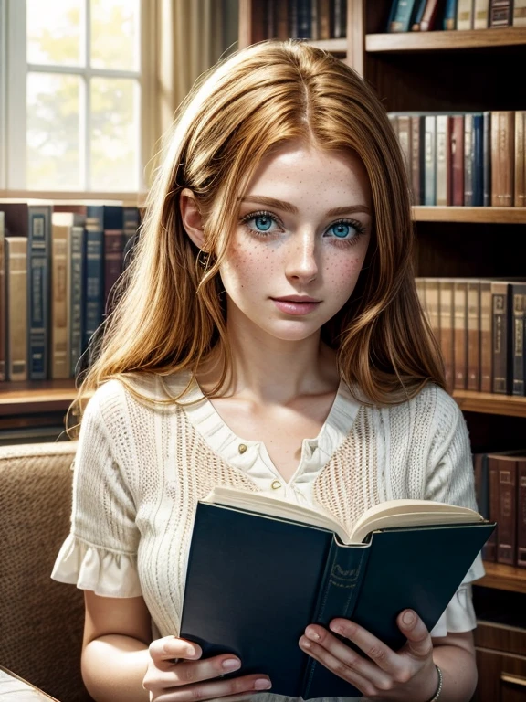 美麗舒適的白色圖書館閱覽室, 也是20歲的大學生 [女孩:莫德·亚当斯:0.1] 薑黃色頭髮, 她美麗的臉上有美麗的雀斑, 正在閱讀科學書籍並獲得自發性的好主意, 她的眼睛向右看, 藍眼睛，綠色，穿著藍色上衣, 低調