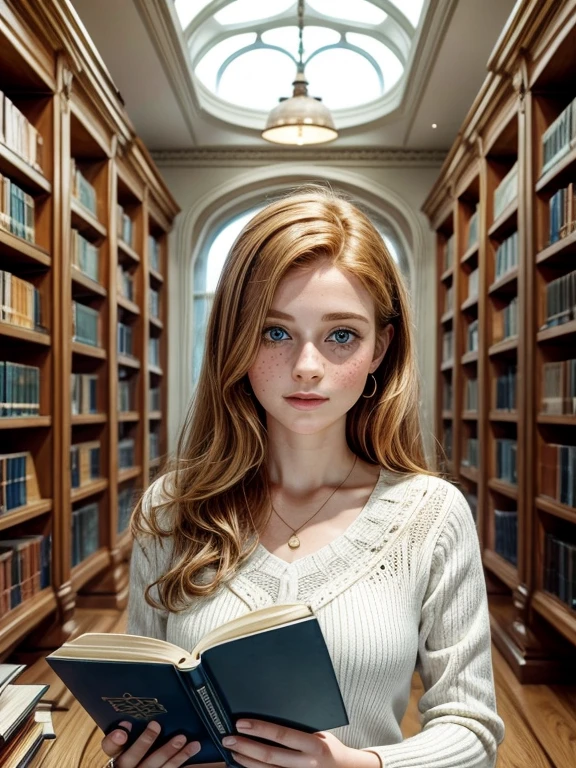 美麗舒適的白色圖書館閱覽室, 也是20歲的大學生 [女孩:莫德·亚当斯:0.1] 薑黃色頭髮, 她美麗的臉上有美麗的雀斑, 正在閱讀科學書籍並獲得自發性的好主意, 她的眼睛向右看, 藍眼睛，綠色，穿著藍色上衣, 低調