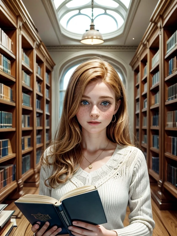 una hermosa y acogedora sala de lectura de biblioteca blanca, también un estudiante universitario de 20 años [chica:Maude Adams:0.1] con pelo pelirrojo, pecas de belleza en su hermoso rostro, está leyendo un libro de ciencias y obtiene ideas brillantes y espontáneas, sus ojos mirando hacia arriba, ojos azules con verde y usando un top azul, low key