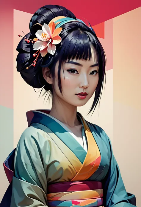 A minimalist design with a vintage touch, featuring a cool, stylish geisha silhouette in faded, awesome and bright colors. cubis...