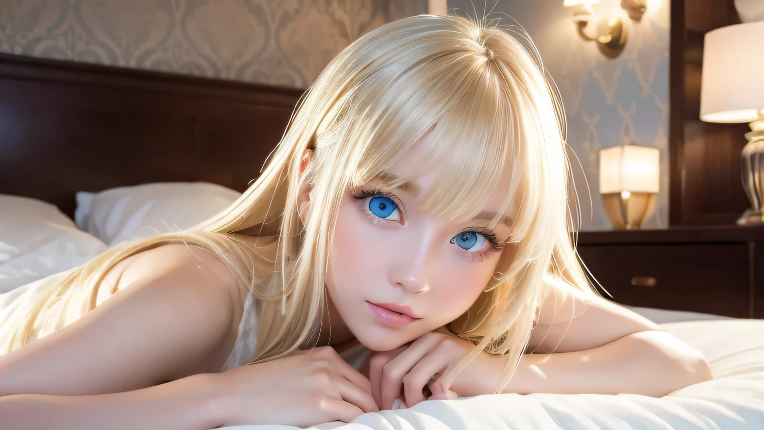 A very white and beautiful 20-year-old blonde girl、Mastepiece, Best Quality, Illustration, Ultra-detailed fine details, Natural platinum blonde with a natural shine、Super long straight silky hair、Super long Rapunzel hair、disheveled bangs above the eyes,、Bangs that cover the face、High resolution, 8K Denden Wallpaper, Perfect dynamic composition, Beautifully detailed large light blue eyes , Very big eyes、of hotel(Bed)、Small Face Beauty、Round face、On all fours