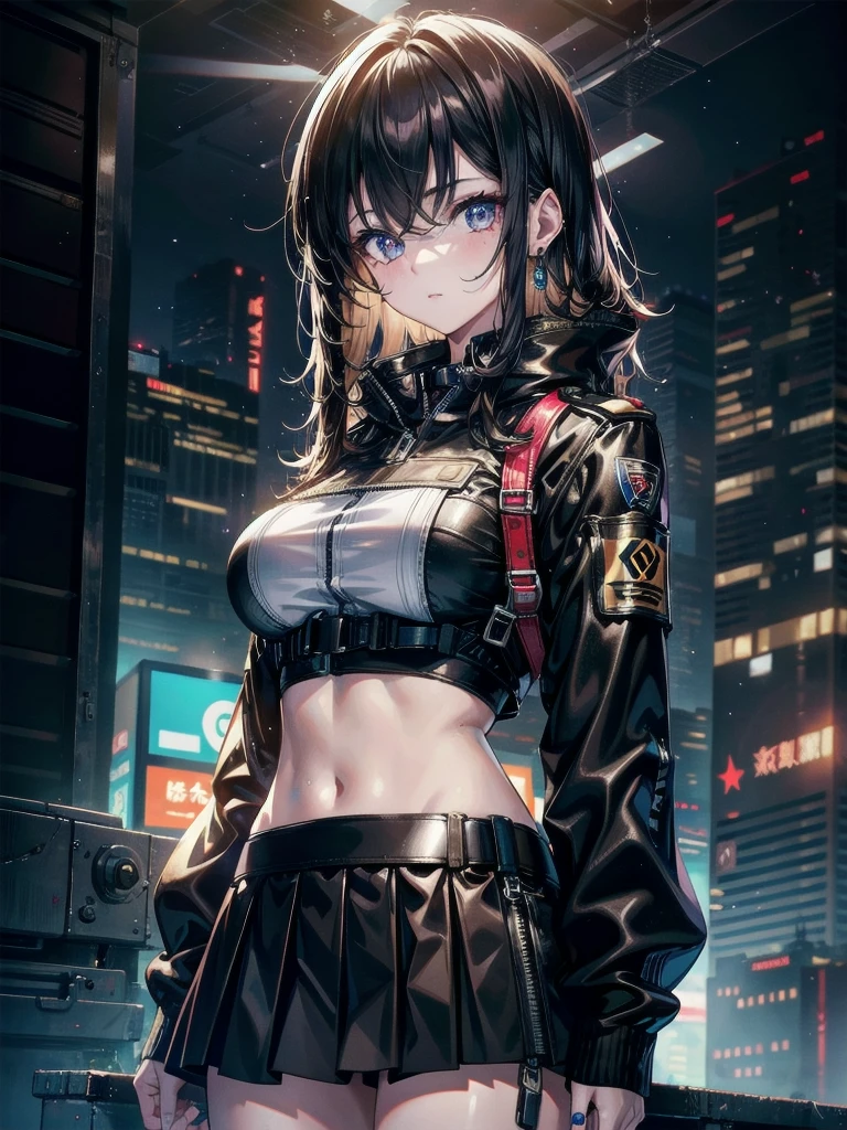 whole body, cyberpunk, police uniform, Skirt, absurdres, RAW photo, extremely delicate and beautiful, masterpiece, Best Quality, ultra high resolution, 32k, hyperrealistic, ultra-detailed description, pale skin, 20 years old, detailed beautiful face and eyes, tearful mole, earring, Colossal tits, short medium wavy hair, midriff,