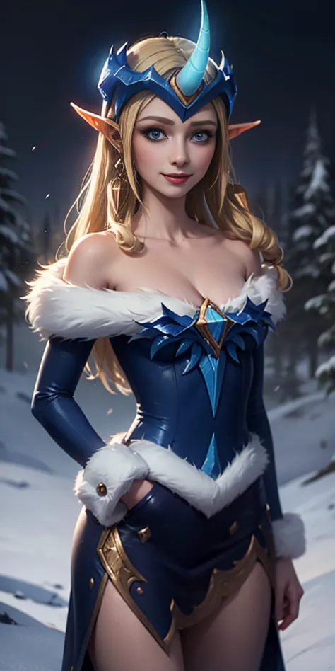 (masterpiece, best quality:1.2) intricate details, winter wonder soraka, 1girl, single horn, fur-trimmed dress, bare shoulders, ...