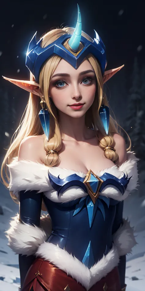 (masterpiece, best quality:1.2) intricate details, winter wonder soraka, 1girl, single horn, fur-trimmed dress, bare shoulders, ...