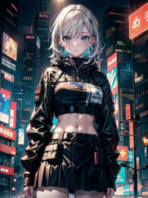 whole body, ((cyberpunk)), police uniform, Skirt, absurdres, RAW photo, extremely delicate and beautiful, masterpiece, Best Qual...