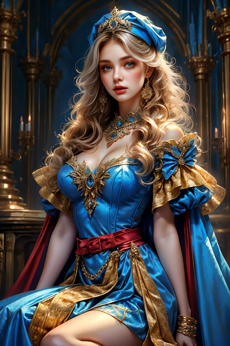 (Medieval fantasy style female princess), whole body, Wearing a headscarf, luxury crown, blue eyes, blond, 17 years old, (Red and silver headscarf), (Knee Shot:1.5), Sexy, blue eyes, Extra large breasts, Pointy huge breasts gorgeous jewelry, Lips slightly open, Keep your lips elegant and charming, (blush), Contempt, Calm and handsome, (Medieval fantasy dress, Beautiful big pointed breasts, Small waist, Perfect body, Blue delicate pattern, Red cape), oc rendering reflection texture, Sexy style, Medieval Castle Background, Slim body, Very small waist, (erect nipples see trough dress), high resolution, original photo, real picture, Digital Photography, (UHD, award winning), masterpiece, best quality, 8K, anatomically correct, textured skin, ccurate