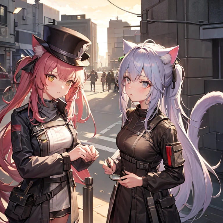 Need to create a single character image，The style is similar to the character portraits of the mobile game Arknights，Race is the film in the game，From the in-game country Victoria，Occupation is the intelligence unit of the country in the game Gray Hat。Age 18 years，Height 1.5 meters。She is a cat girl loli，The hair is pink，Petite and cute，But there is great power hidden under the dark uniform，Good appearance，There is a murderous atmosphere，But the walking posture is a bit silly。She wears combat gloves on both hands，Wearing a combat mask on his face，There is a grey top hat on his head，However, cat ears can be seen by people without being blocked.。The weapon you hold can be either melee or ranged.。