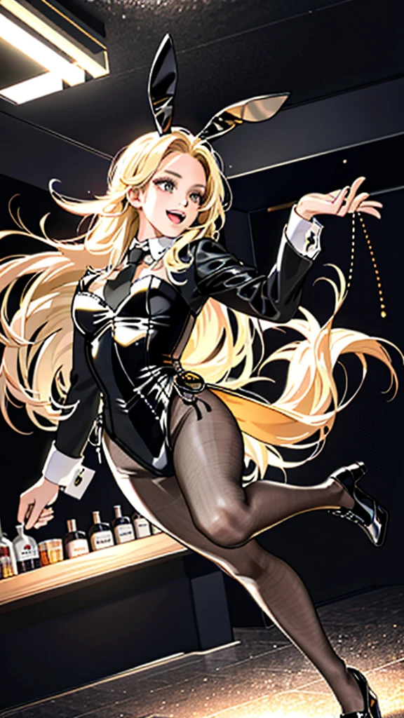 1female\(cute, kawaii,solo,age of 18,skin color white,blg smile,open mouth,hair floating,hair color light blonde,long hair,eye color is cosmic,big eyes,breast,black bunny suit,black leotard,black bunny ears,bunny tail,wrist cuffs,detached collar,black ribbon tie,fishnet tights,black high heel,cute pose,(full body:0.7)\), BREAK ,background\(inside, at pub,at bar,alcohol,glittering\), BREAK ,quality\(8k,wallpaper of extremely detailed CG unit, ​masterpiece,hight resolution,top-quality,top-quality real texture skin,hyper realisitic,increase the resolution,RAW photos,best qualtiy,highly detailed,the wallpaper,cinematic lighting,ray trace,golden ratio\),(close up:0.6),better hands,[nsfw:1.8]