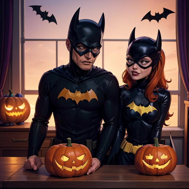 Batman et Batgirl Halloween , Batgirl offrant à Batman une citrouille d'Halloween avec le visage du Joker dessus. Bonne fille chauve-souris, Batman en colère 