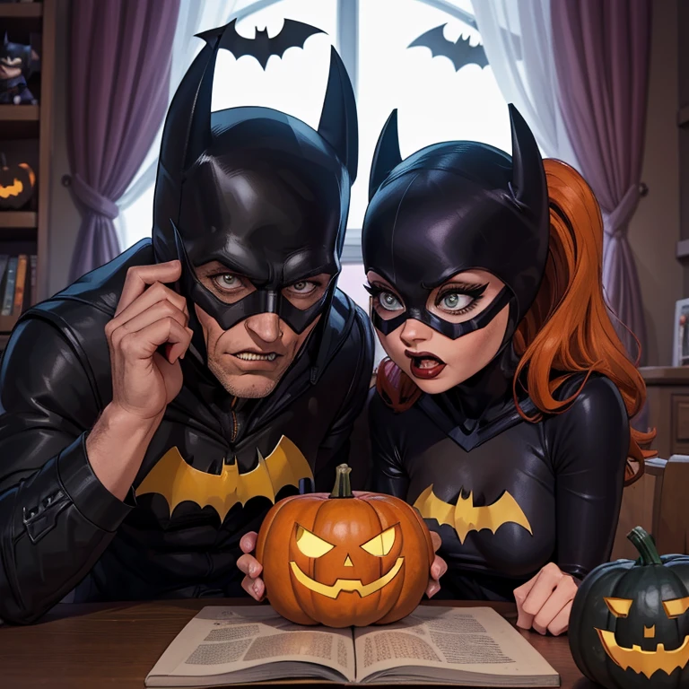 batman and batgirl halloween , batgirl giving batman a Halloween pumpkin with face of joker on in. Happy batgirl, angry batman 