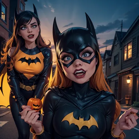 batman and batgirl halloween , batgirl giving batman a Halloween pumpkin with face of joker on in. Happy batgirl, angry batman 