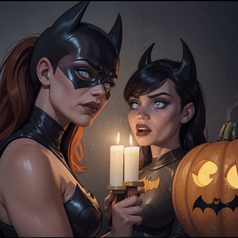 (Meilleure qualité,4k,haute résolution,chef-d&#39;œuvre:1.2),ultra-détaillé,(Réaliste,photoRéaliste,photo-Réaliste:1.37),Batman et Batgirl Halloween, Batgirl donne à Batman une citrouille d&#39;Halloween avec le visage d&#39;un joker dessus, Bonne fille chauve-souris, Batman en colère, debout, vue de côté, tout le corps, moyen:peinture à l&#39;huile, style gothique, Ambiance sombre, Ombres intenses, couleurs vives, yeux brillants, Arrière-plan effrayant, chauves-souris volant, ambiance brumeuse, chandelle vacillante, composition dramatique, aura mystique