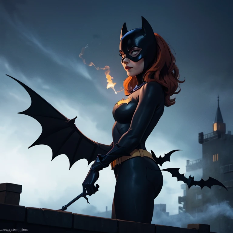 (best quality,4k,highres,masterpiece:1.2),ultra-detailed,(realistic,photorealistic,photo-realistic:1.37),batman and batgirl halloween, batgirl giving batman a Halloween pumpkin with face of joker on it, happy batgirl, angry batman, standing, side view, full body, medium:oil painting, gothic style, dark atmosphere, intense shadows, vibrant colors, glowing eyes, spooky background, bats flying, misty ambiance, flickering candlelight, dramatic composition, mystical aura