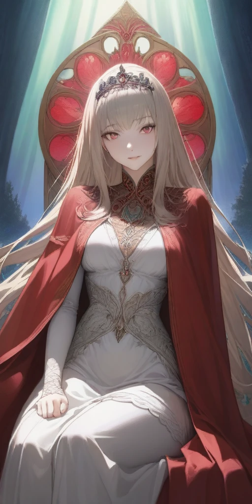 (masterpiece, best quality) (the empress:1.15) (art nouveau:1.2) (red cape) (red throne:1.12) (sunshine, sky, river, forest) (face focus, upper body) 1girl sitting, solo, platinum blonde, long hair, curtain, armored dress, queen dress, aurora expressionless, red eyes, very long hair, tiara, tiara, crossing legs, highly intricate details, realistic light, smile