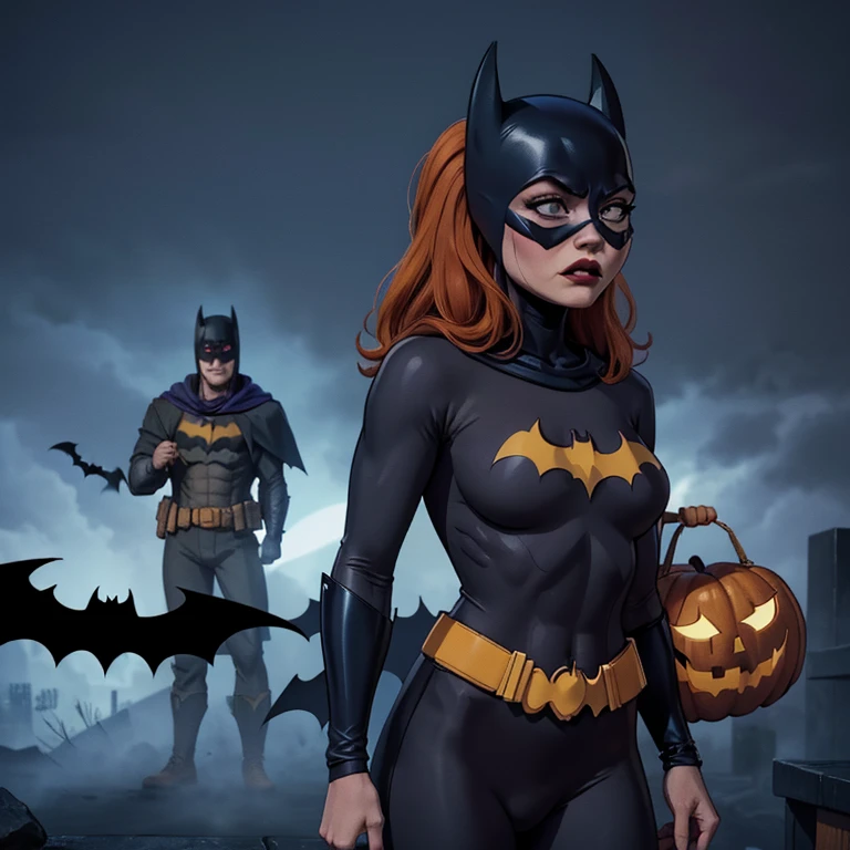 (best quality,4k,highres,masterpiece:1.2),ultra-detailed,(realistic,photorealistic,photo-realistic:1.37),((batman and batgirl halloween, batgirl giving batman a Halloween pumpkin with face of joker on it, happy batgirl, angry batman, standing, side view, full body)), medium:oil painting, gothic style, dark atmosphere, intense shadows, vibrant colors, glowing eyes, spooky background, bats flying, misty ambiance,  mystical aura