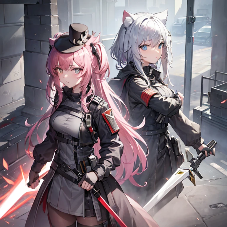 Need to create a single character image，The style is similar to the character portraits of the mobile game Arknights，Race is the film in the game，From the in-game country Victoria，Occupation is the intelligence unit of the country in the game Gray Hat。Age 18 years，Height 1.5 meters。She is a cat girl loli，The hair is pink，Petite and cute，But there is great power hidden under the dark uniform，Good appearance，There is a murderous atmosphere，But the walking posture is a bit silly。She wears combat gloves on both hands，Wearing a combat mask on his face，There is a grey top hat on his head，However, cat ears can be seen by people without being blocked.。The weapon you hold can be either melee or ranged.。