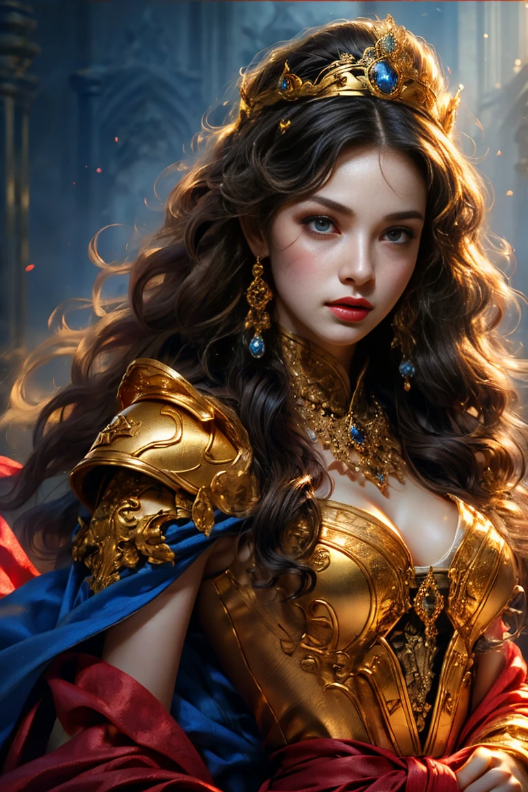 Black Armored Woman，Long hair，Hold the advanced sword in the right hand，Armor fighting scene，Very cute face，Very slim的身材，Very slim，Small waist，Super perfect，Perfect big round breasts，Smooth skin，Silky hair，blue eyes，16 years old，Red robe，Blue headscarf princess crown，Luxurious golden pattern armor，Blonde，fighting style，Red lips，blush，Erect nipples，Energetic，红blue eyes，Strong gaze，Seductive eye contact，Bright red iris，Shining deep blue stars，Sparkling eyes，Vibrant colors，(Facing forward:​​1.5)，Fantasy Art，Beautiful illustrations，(Natural side light，Cinema Lighting)，Looking at the audience，Upper Body，Highest quality，8K，high resolution，(masterpiece:1.2)，Ultra Detailed，(front:1.9)，(lifelike，Reality:1.6)