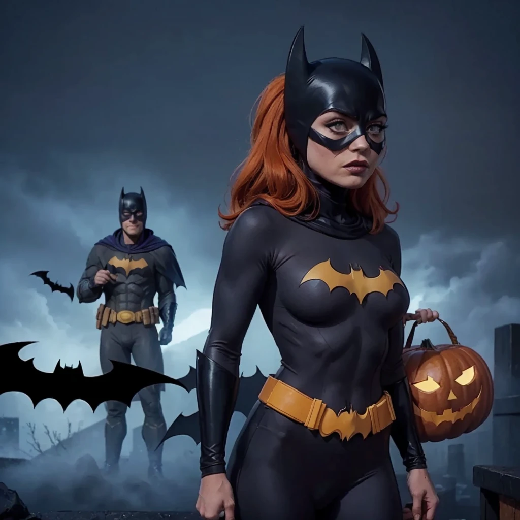 (Meilleure qualité,4k,haute résolution,chef-d&#39;œuvre:1.2),ultra-détaillé,(Réaliste,photoRéaliste,photo-Réaliste:1.37),((Batman et Batgirl Halloween, Batgirl donne à Batman une citrouille d&#39;Halloween avec le visage d&#39;un joker dessus, Bonne fille chauve-souris, Batman en colère, debout, vue de côté, tout le corps)), moyen:peinture à l&#39;huile, style gothique, Ambiance sombre, Ombres intenses, couleurs vives, yeux brillants, Arrière-plan effrayant, chauves-souris volant, ambiance brumeuse,  aura mystique