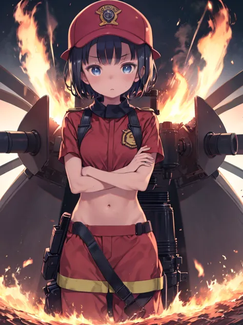 anime girl in a firefighter uniform standing in front of a fire truck、masterpiece, highest quality, one girl, view your viewers,...