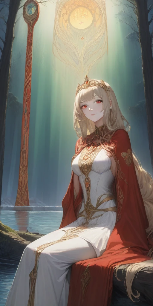 (masterpiece, best quality) (the empress:1.15) (art nouveau:1.2) (red cape) (red throne:1.12) (sunshine, sky, river, forest) (face focus, upper body) 1girl sitting, solo, platinum blonde, long hair, curtain, armored dress, queen dress, aurora expressionless, red eyes, very long hair, tiara, tiara, crossing legs, highly intricate details, realistic light, smile