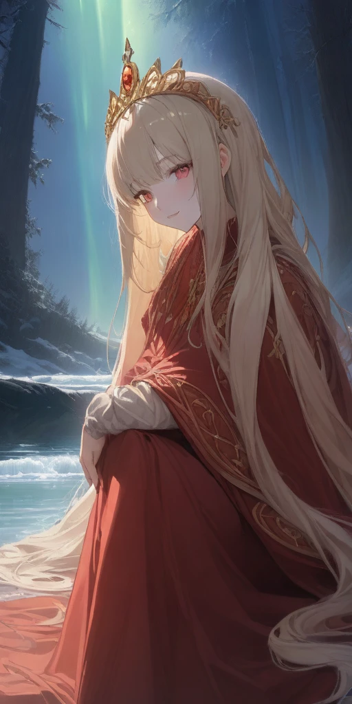 (masterpiece, best quality) (the empress:1.15) (art nouveau:1.2) (red cape) (red throne:1.12) (sunshine, sky, river, forest) (face focus, upper body) 1girl sitting, solo, platinum blonde, long hair, curtain, armored dress, queen dress, aurora expressionless, red eyes, very long hair, tiara, tiara, crossing legs, highly intricate details, realistic light, smile