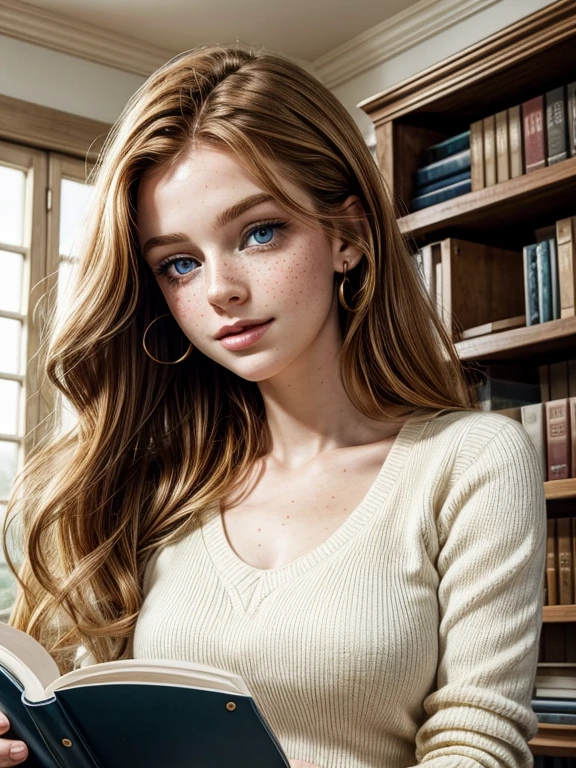 美麗舒適的白色圖書館閱覽室, 也是20歲的女大學生 [索菲亞·羅蘭:莫德·亚当斯:0.45] 薑黃色頭髮, 她美麗的臉上有美麗的雀斑, 正在閱讀科學書籍並獲得自發性的好主意, 她的眼睛向右看, 藍眼睛，綠色，穿著藍色上衣, 低調