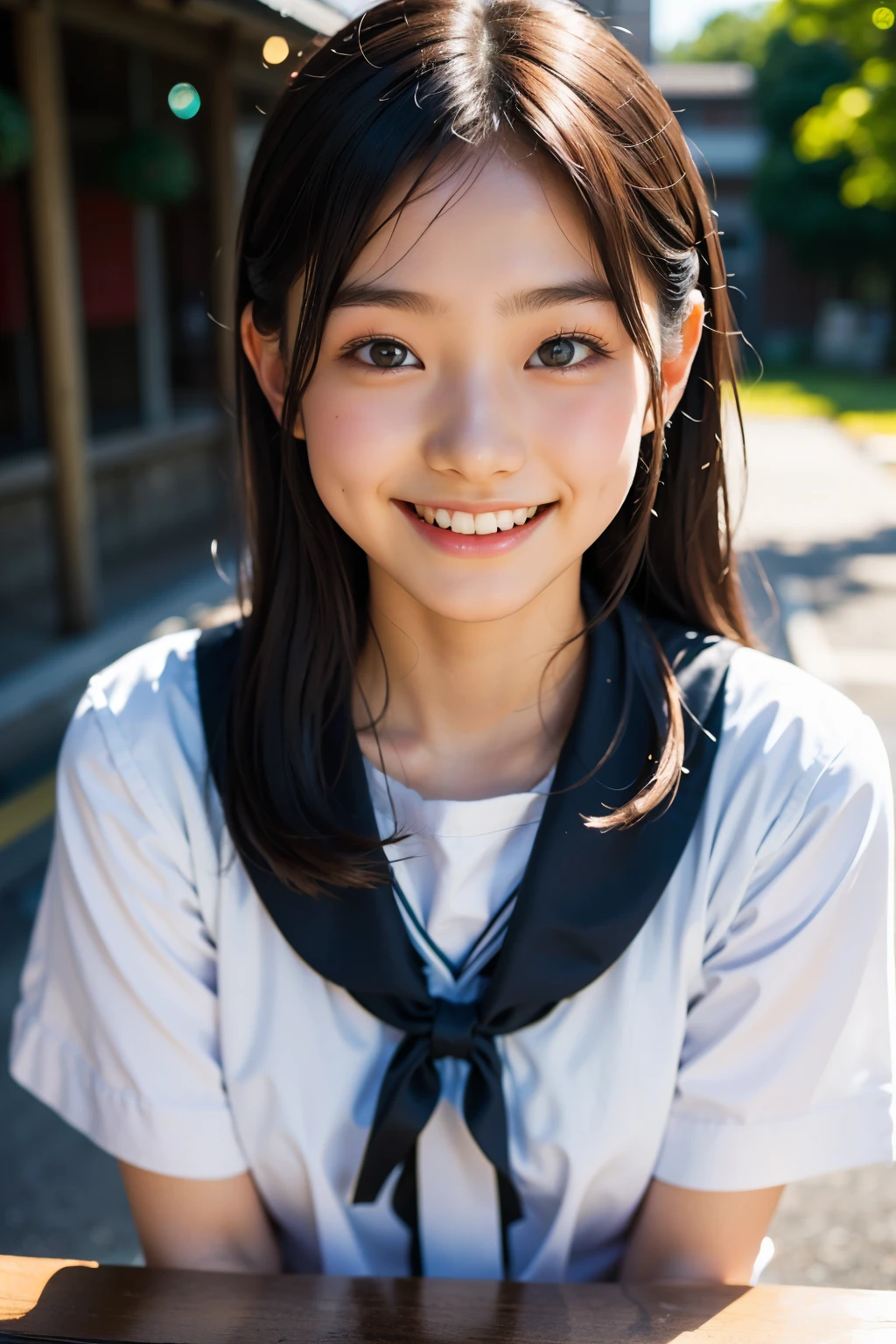 lente: 135mm f1.8, (mais alta qualidade),(Fotos RAW), (Mesa:1.1), (Menina japonesa bonita de 15 anos), rosto fofo, (Rosto profundamente esculpido:0.7), (sardas:0.4), dappled luz solar, iluminação dramática, (uniforme escolar japonês), (No campus), tímido, (close-up:1.2), (Sorriso),, (olhos brilhantes)、(luz solar)