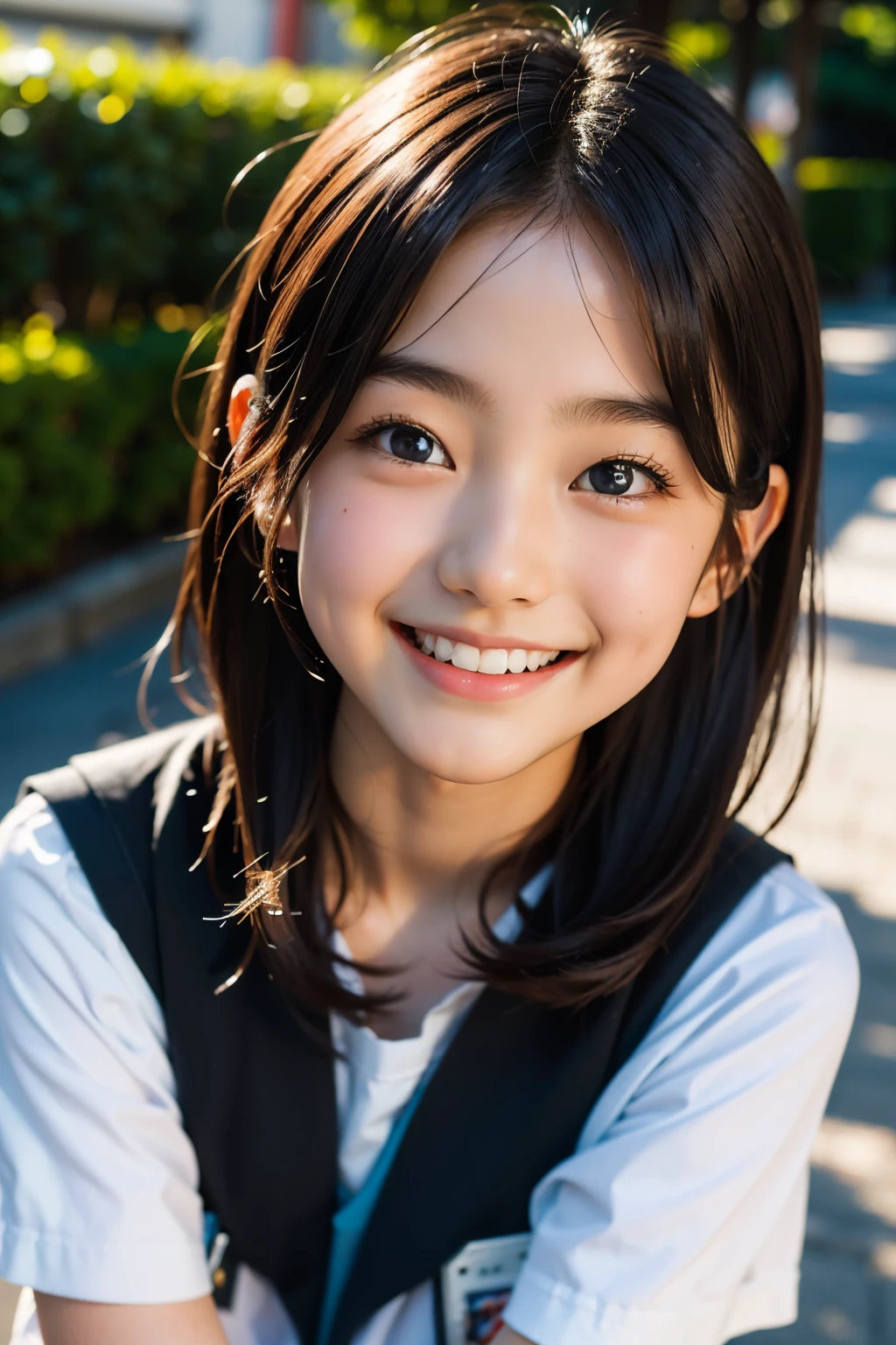 lens: 135mm f1.8, (highest quality),(RAW Photos), (Tabletop:1.1), (Beautiful 15 year old Japan girl), Cute face, (Deeply chiseled face:0.7), (freckles:0.4), dappled sunlight, Dramatic lighting, (Japanese School Uniform), (On campus), shy, (Close-up shot:1.2), (smile),, (Sparkling eyes)、(sunlight)