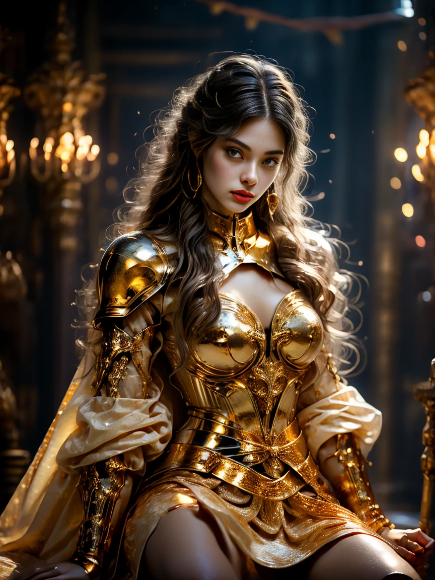 Painting of a woman in armor holding a sword，Golden Armor，Beautiful female knight，Light gold，Gold Obsidian Armor，golden goddess athena，Smooth golden armor，(Knee Shot:1.5)，Sexy，blue eyes，Extra large breasts，Pointy huge breasts gorgeous jewelry，Lips slightly open，Keep your lips elegant and charming，(blush)，Contempt，Calm and handsome，oc rendering reflection texture，Sexy风格，Medieval Castle Background，Slim body，Very small waist，(erect nipples see trough dress)，masterpiece，best quality，high resolution，8K，original photo，real picture，Digital Photography，(UHD, anatomically correct, textured skin, ccurate, award winning)