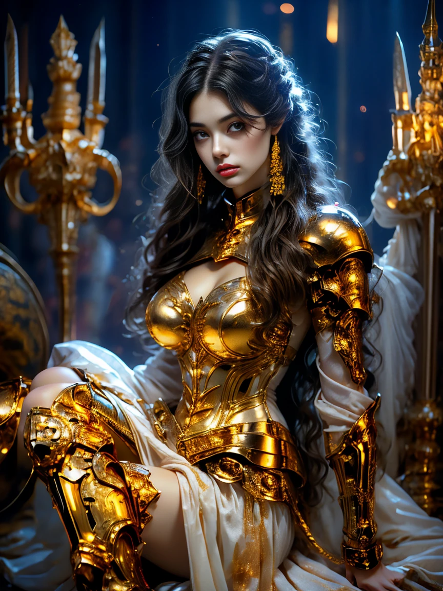 Painting of a woman in armor holding a sword，Golden Armor，Beautiful female knight，Light gold，Gold Obsidian Armor，golden goddess athena，Smooth golden armor，(Knee Shot:1.5)，Sexy，blue eyes，Extra large breasts，Pointy huge breasts gorgeous jewelry，Lips slightly open，Keep your lips elegant and charming，(blush)，Contempt，Calm and handsome，oc rendering reflection texture，Sexy风格，Medieval Castle Background，Slim body，Very small waist，(erect nipples see trough dress)，masterpiece，best quality，high resolution，8K，original photo，real picture，Digital Photography，(UHD, anatomically correct, textured skin, ccurate, award winning)