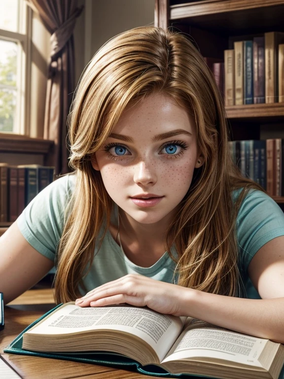 a beautiful and cozy library reading room white, also a 20-year-old college Girl [Elizabeth II:Maude Adams:0.45] with ginger hair, beauty freckles in her gorgeous face, is reading science book and get spontaneous bright ideas, her eyes looking up right, blue eyes with green and wearing a blue top, low key