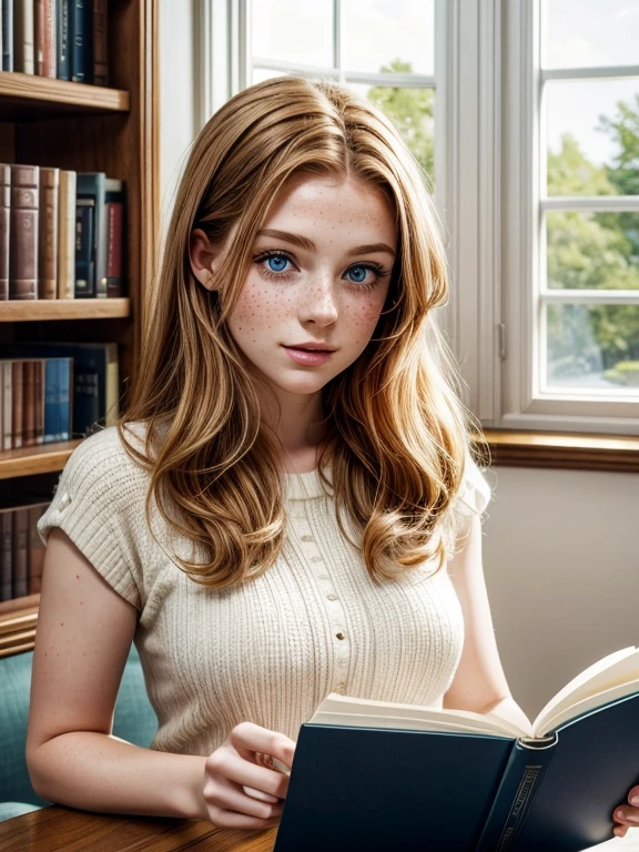 a beautiful and cozy library reading room white, also a 20-year-old college Girl [Elizabeth II:Maude Adams:0.45] with ginger hair, beauty freckles in her gorgeous face, is reading science book and get spontaneous bright ideas, her eyes looking up right, blue eyes with green and wearing a blue top, low key