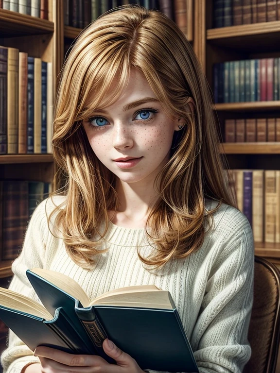 a beautiful and cozy library reading room white, also a 20-year-old college Girl [Elizabeth II:Maude Adams:0.45] with ginger hair, beauty freckles in her gorgeous face, is reading science book and get spontaneous bright ideas, her eyes looking up right, blue eyes with green and wearing a blue top, low key