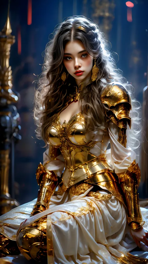 painting of a woman in armor holding a sword，golden armor，beautiful female knight，light gold，gold obsidian armor，golden goddess ...