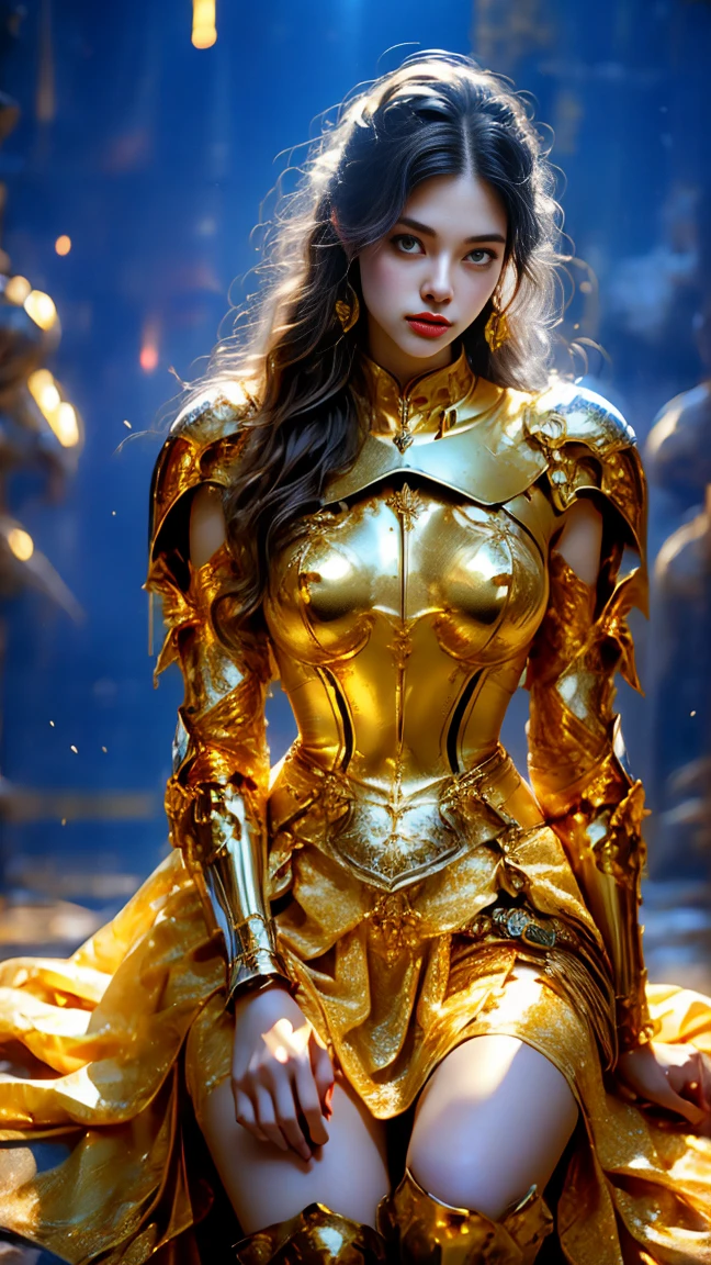 Painting of a woman in armor holding a sword，golden armor，Beautiful female knight，Light gold，Gold Obsidian Armor，golden goddess athena，Smooth golden armor，(Knee Shot:1.5)，sexly，Blue eyes，Extra large breasts，Pointy huge breasts gorgeous jewelry，Lips slightly open，Keep your lips elegant and charming，(blush)，Contempt，Calm and handsome，oc rendering reflection texture，sexly风格，Medieval Castle Background，Slim body，Very small waist，(erect nipples see trough dresasterpiece，best quality，high resolution，8k，original photo，real picture，Digital Photography，(uhd, anatomically correct, textured skin, ccurate, award winning)