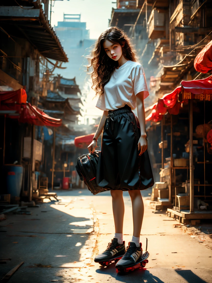 18-year-old player，Ultra HD resolution，8k，Realistic style，Sporty，Natural light，Jersey texture，cheer，Long hair，hale and hearty，whole body，White skin，Chinese Girl，Chinese Girl，long hair，In the city，High-rise buildings，Many high-rise buildings，Long legs，Smile，Blue sky，audience，Facing the camera，Short-sleeved jersey，Black neckline，Black cuffs，Black shorts，Sweatpants，sports shoes，whole body，skateboard，大Long legasterpiece，best quality，high resolution，8k，original photo，real picture，Digital Photography，(uhd, anatomically correct, textured skin, ccurate, award winning)